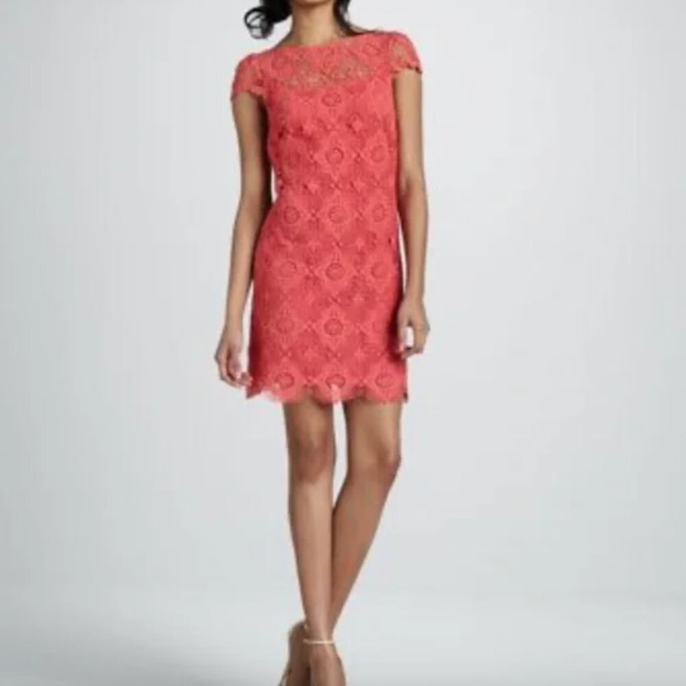 Ali Ro Crocheted Cap Sleeve Midi Dress Melon Berry Size 8